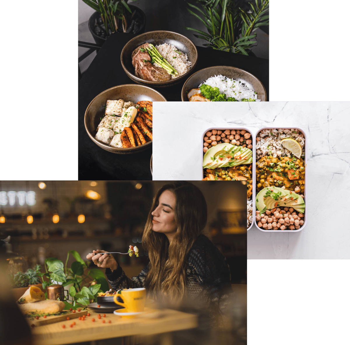 woman enjoying food, meals in storage container and food bowls on a table